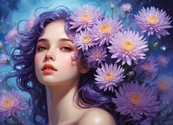 Młoda, Kobieta, Kwiaty, Jasnofioletowe, Astry, Grafika AI