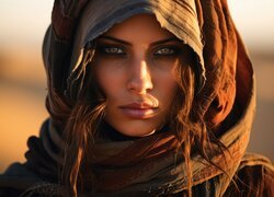 Kobieta, Twarz, Szal, Spojrzenie, Grafika AI