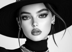 Kobieta, Twarz, Kapelusz, Makijaż, Biżuteria, Czarno-białe
