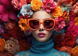 Twarz kobiety w okularach z kwiatami wokół głowy