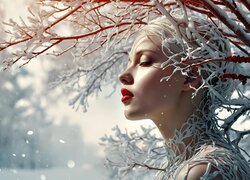 Kobieta, Twarz, Zamknięte, Oczy, Gałązki, Śnieg