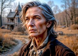 Kobieta, Twarz, Dom, Drzewa, Grafika AI