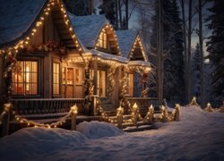 Udekorowany świecącymi lampkami ośnieżony dom w lesie