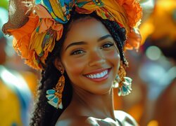 Kobieta, Ciemnoskóra, Uśmiechnięta, Turban, Kolorowy, Kolczyki, AI