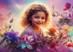Uśmiechnięta dziewczynka i gałązka z kolorowymi kwiatkami