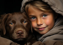 Uśmiechnięta dziewczynka w kapturze przytulona do psa