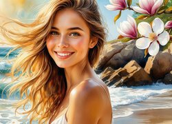 Kobieta, Twarz, Morze, Plaża, Kwiaty, Magnolia, Skały, Grafika