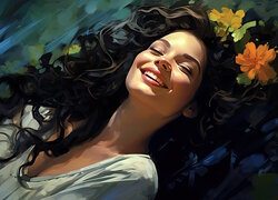 Uśmiechnięta kobieta z kwiatami we włosach w grafice