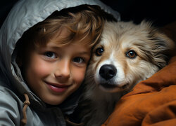 Uśmiechnięty chłopiec w kurtce z kapturem przytulony do psa