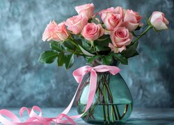 Wazon z różową wstążką i różami