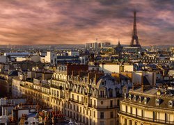 Widok na domy i wieżę Eiffla w Paryżu