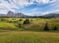 Widok na łąki i domy we włoskich Dolomitach