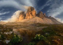 Góry, Dolomity, Tre Cime di Lavaredo, Trawa, Kwiaty, Chmury, Włochy