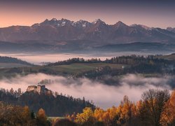 Polska, Czorsztyn, Ruiny, Zamek w Czorsztynie, Drzewa, Góry, Tatry, Mgła, Jesień