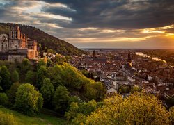Zamek w Heidelbergu, Drzewa, Rzeka Neckar, Heidelberg, Niemcy
