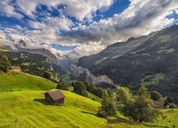 Góry, Alpy Berneńskie, Las, Dolina Lauterbrunnental, Domy, Chmury, Wengen, Kanton Berno, Szwajcaria