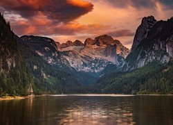 Góry Dachstein, Jezioro Gosauseen, Lasy, Drzewa, Powiat Gmunden, Gosau, Austria