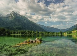 Góry Alpy, Jezioro Hintersee, Drzewa, Skały, Bawaria, Niemcy