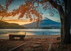 Góra Fudżi, Jezioro, Lake Kawaguchi, Brzeg, Drzewa, Ława, Liście, Chmury, Jesień, Wyspa Honsiu, Japonia