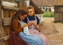 Wieś, Podwórze, Dziewczyny, Robótki ręczne, Malarstwo, Obraz, Hans Andersen Bradekilde
