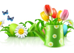 Wielkanocna grafika 2D z tulipanami w konewce, motylkami i pisankami