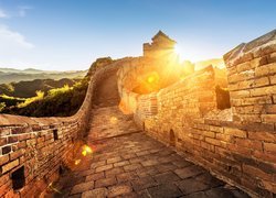 Chiny, Wielki Mur Chiński, Wschód słońca, Promienie, Góry