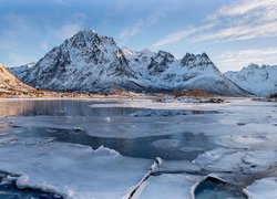 Norwegia, Gmina Vagan, Zima, Góry, Śnieg, Fiord, Austnesfjorden