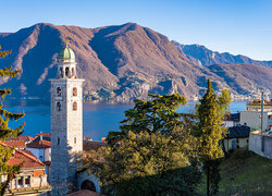 Szwajcaria, Kanton Ticino, Lugano, Góra, Alpy, Jezioro Lugano, Domy, Wieża, Kościół, Katedra Świętego Wawrzyńca, Drzewa