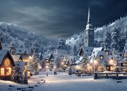 Wieża kościoła i rozswietlone domy w górskim miasteczku zimową porą