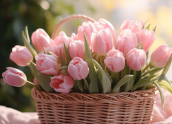Wiklinowy koszyk z różowymi tulipanami