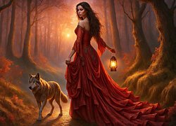Wilk, Kobieta, Czerwona, Suknia, Latarnia, Las, Grafika