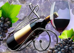 Wino na stojaku i kieliszek obok kiści ciemnych winogron w grafice