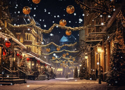 Zima, Boże Narodzenie, Ulica, Domy, Oświetlenie, Noc
