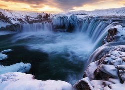 Zima, Góry, Skały, Wodospad Godafoss, Islandia