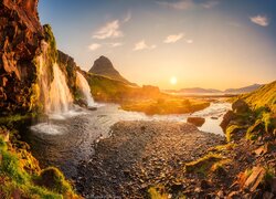 Islandia, Wodospad, Kirkjufell, Skały, Wschód słońca