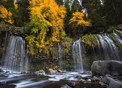 Wodospad Mossbrae Falls, Drzewa, Rzeka, Kamienie, Jesień, Hrabstwo Siskiyou, Stan Kalifornia, Stany Zjednoczone
