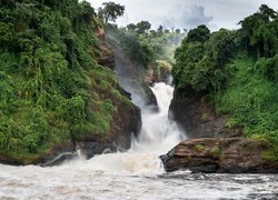 Wodospad, Murchison Falls, Skały, Zielone, Drzewa, Park Narodowy Wodospadu Murchisona, Uganda