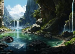 Wodospady na skałach w górach w grafice 2D