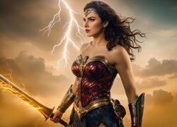 Kobieta, Długie, Włosy, Wojowniczka, Zbroja, Miecz, Błyskawice, Mgła, Grafika