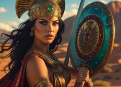 Kobieta, Wojowniczka, Księżniczka, Zbroja, Tarcza, Biżuteria, Skały, Grafika