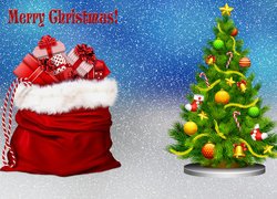 Boże Narodzenie, Choinka, Worek, Prezenty, Grafika 2D