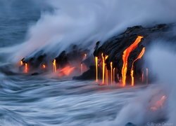 Wulkan Kīlauea, Kamokuna, Lawa, Ogień, Dym, Ocean, Fale, Park Narodowy Wulkany Hawai, Hawaje, Stany Zjednoczone