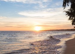 Morze, Zachód słońca, Plaża, Brzeg