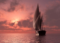 Żaglówka na pełnym morzu o zachodzie słońca