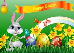 Wielkanoc, Zajączek, Pisanki, Żonkile, Tęcza, Napis, Happy Easter