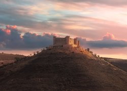 Hiszpania, Kastylia-La Mancha, Gmina Jadraque, Zamek, Castle of Jadraque, Wzgórze, Zachód słońca, Chmury
