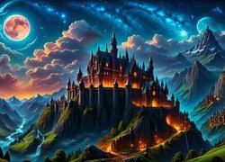 Zamek na górze i planety w grafice fantasy