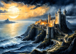 Zamek na skale nad morzem w świetle słońca w grafice fantasy