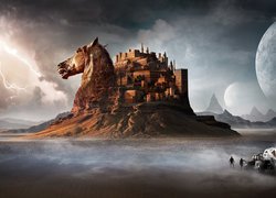 Zamek w kształcie konia w grafice fantasy