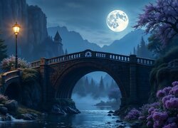 Góry, Rzeka, Most, Noc, Księżyc, Drzewa, Latarnia